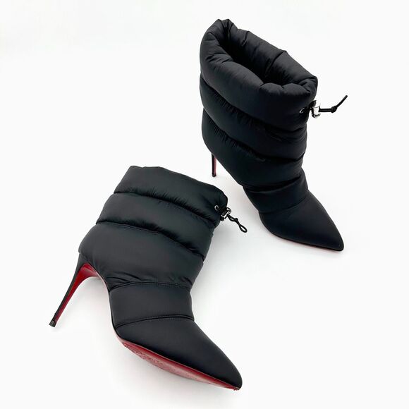 CHRISTIAN LOUBOUTIN Astro Pointue Black Puffer Ankle Boot Size 40 Nylon Stiletto - Picture 1 of 13